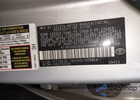 2008 Toyota Camry z USA, uszkodzony, nr VIN 4T1BE46K58U257844